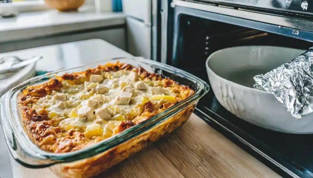 How do you reheat chicken cobbler in the oven