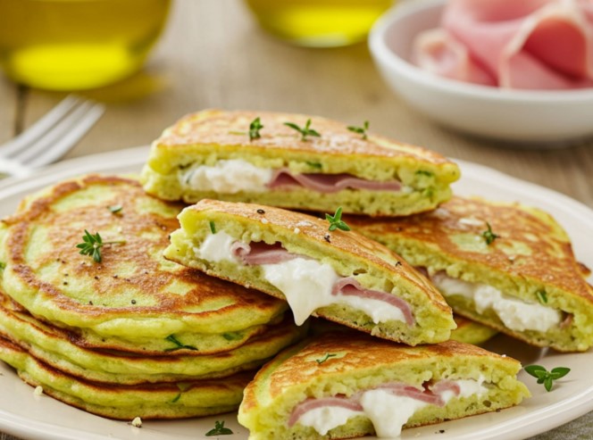 Pancakes à la courgette fourrés au chèvre et jambon